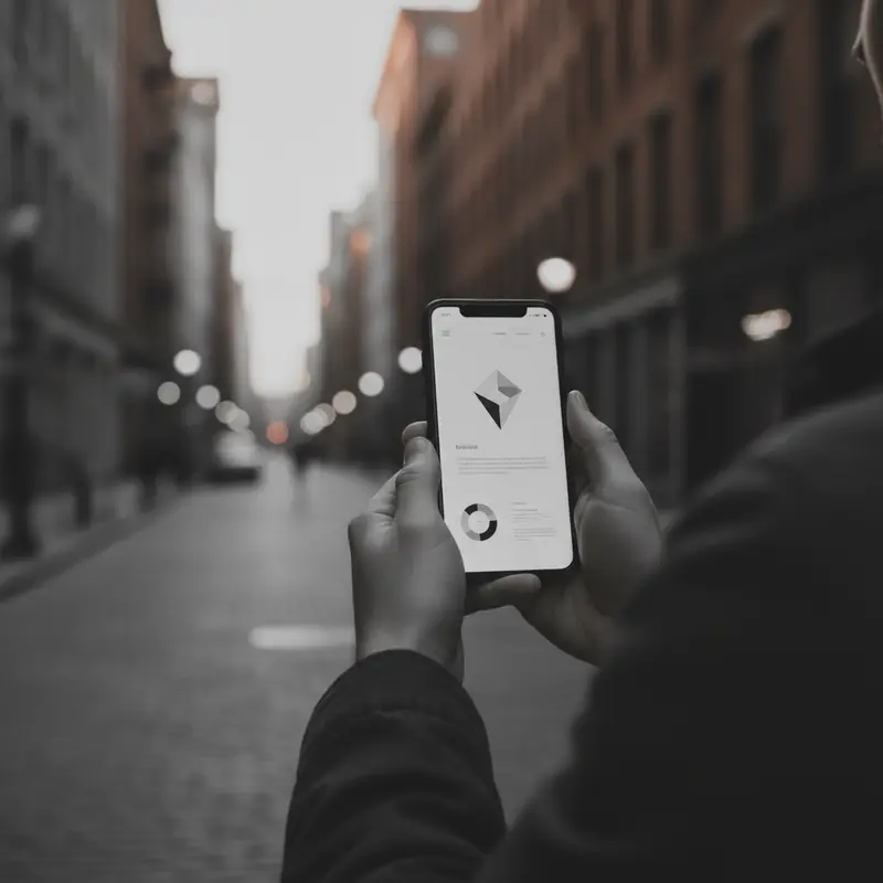 A person holding a smartphone showing a business website on a city street