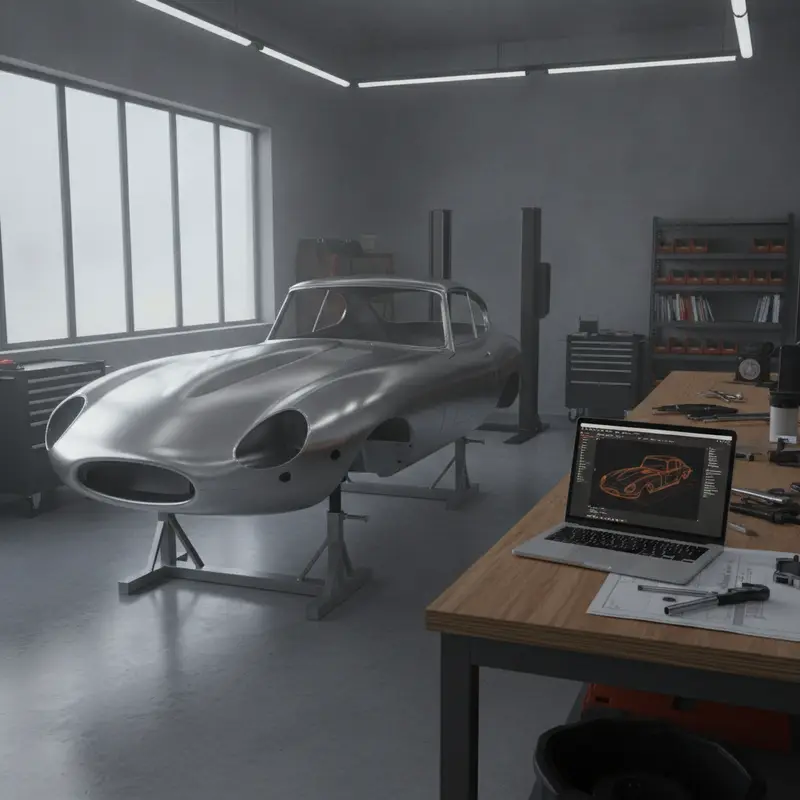 A classic British car body on a stand in an engineering workshop with CAD drawings on a laptop